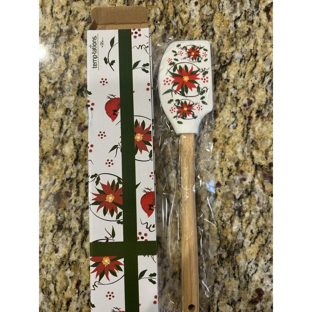 Temptations Christmas Poinsettias Silicone Spatula With Wooden Handle New In Box